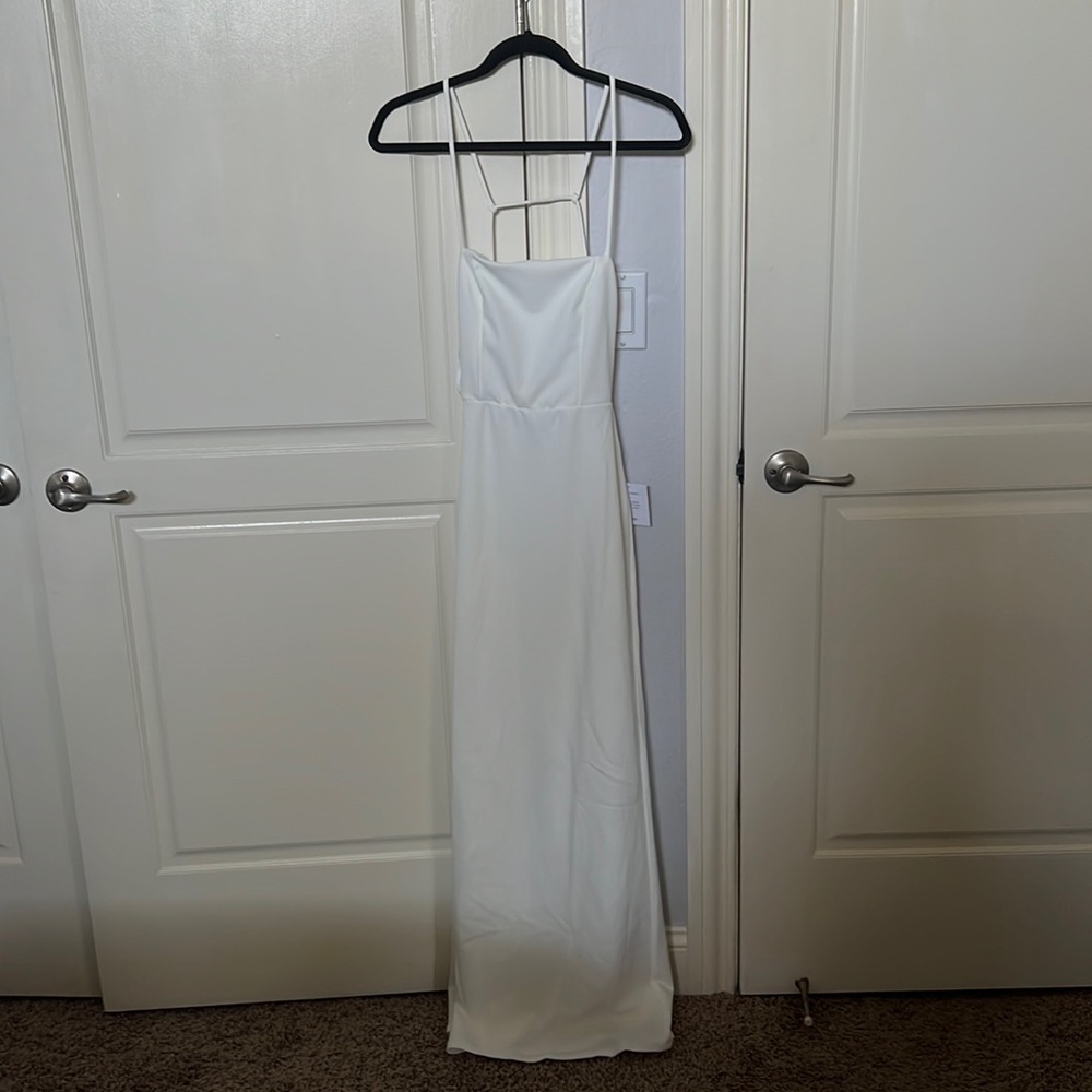 LuLu’s floor length, white dress.